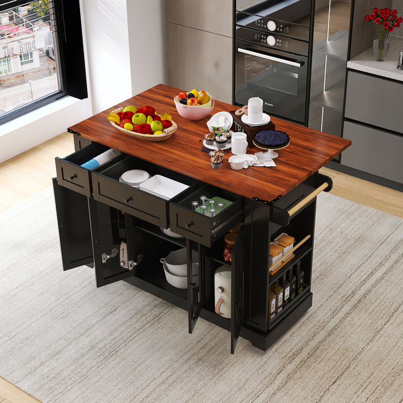 53'' MDF Farmhouse Kitchen Island With Two Tempered Glass Cabinet Doors, Black