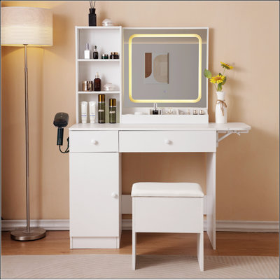 Bureau de meuble-lavabo avec miroir lumineux et prise de courant, bureau de maquillage avec tiroirs et grande armoire de rangement pour la chambre à coucher, 3 modes d'éclairage à luminosité réglable, tabouret de rangement