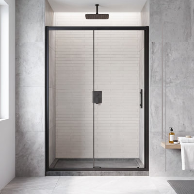 Porte de douche à cadre simple coulissante l 48 po x H 72 po au fini noir avec verre trempé transparent de 1/5 po d'épaisseur et poignée en acier inoxydable