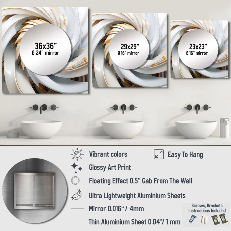 Décoration murale miroir pour chambre à coucher Whirling tandis que glamour en or et blanc - Fractals, 29 po x 29 po