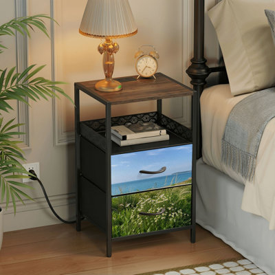 Table de chevet 2 tiroirs avec station de charge, table de chevet pour chambre à coucher avec ports USB, tablette ouverte noire, table de chevet avec imprimé de fleurs sauvages côtières sous un ciel bleu