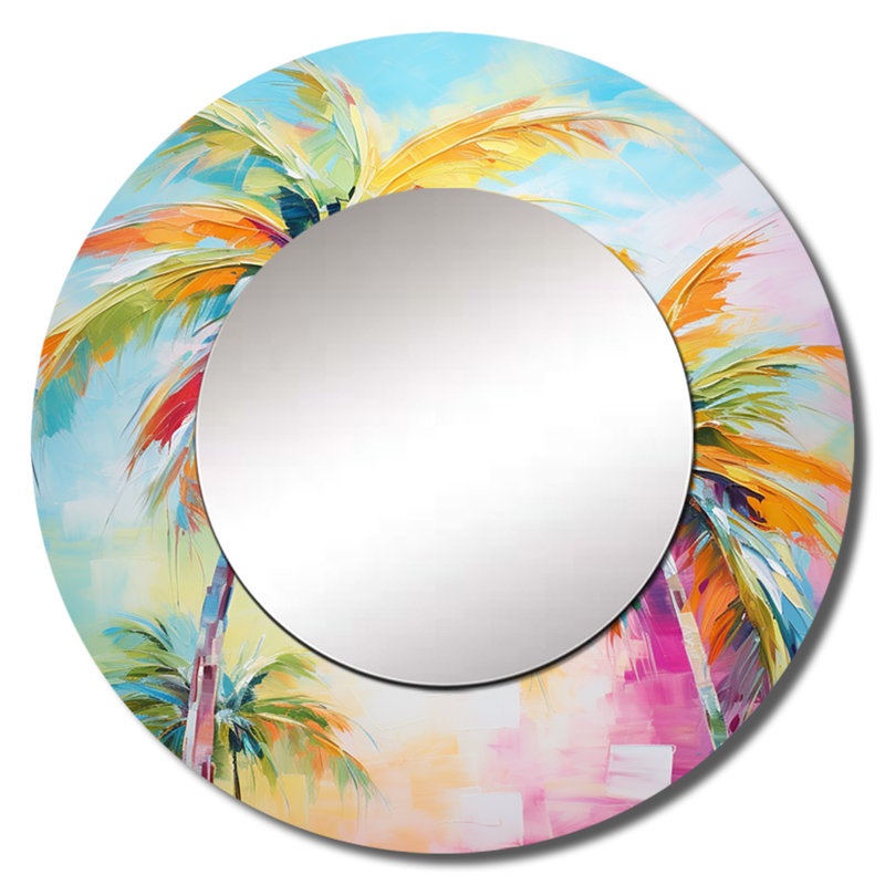 Popart Palm Trees III - Palms Decorative Wall Mirror, Traditional Large Round Mirror, Printed Metal Art, 29" x 29"