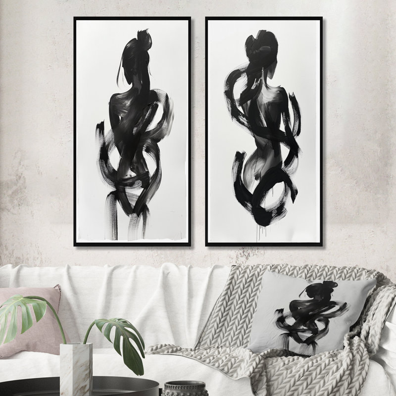 And Minimal Woman Silhouette I - Abstract Shapes Wall Art 2 Pieces Set, 28" H x 24" W, Black Floater Framed
