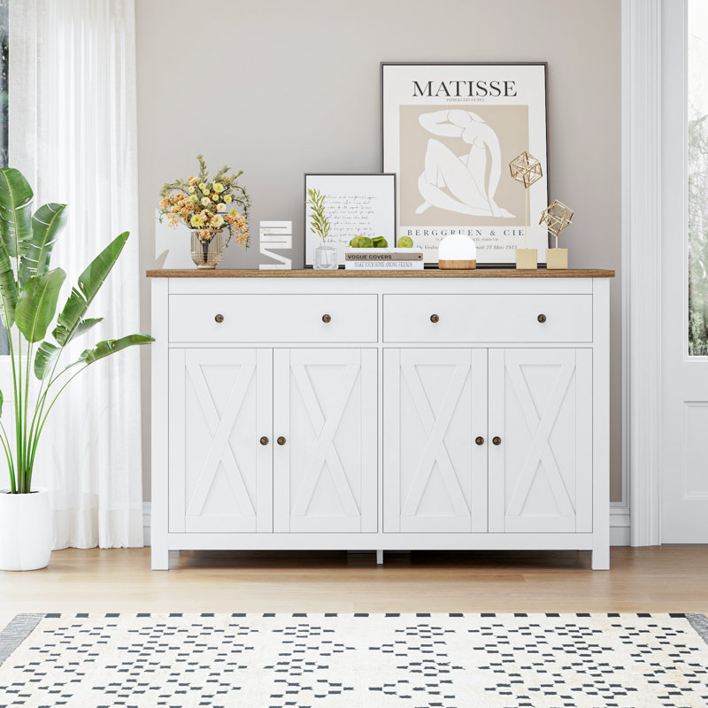 Buffet 2 tiroirs 55,1 po de largeur, Blanc / Chêne