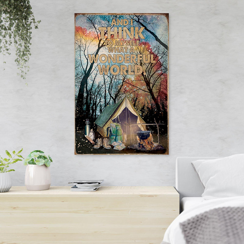 Tente de camping dans la forêt - et je pense à moi-même - 1 pièce, impression d'art graphique rectangulaire sur toile tendue
