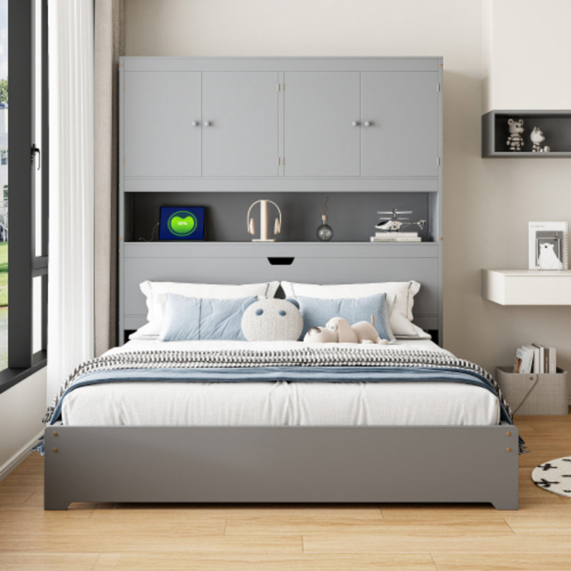 Lit plateforme double en bois, gris