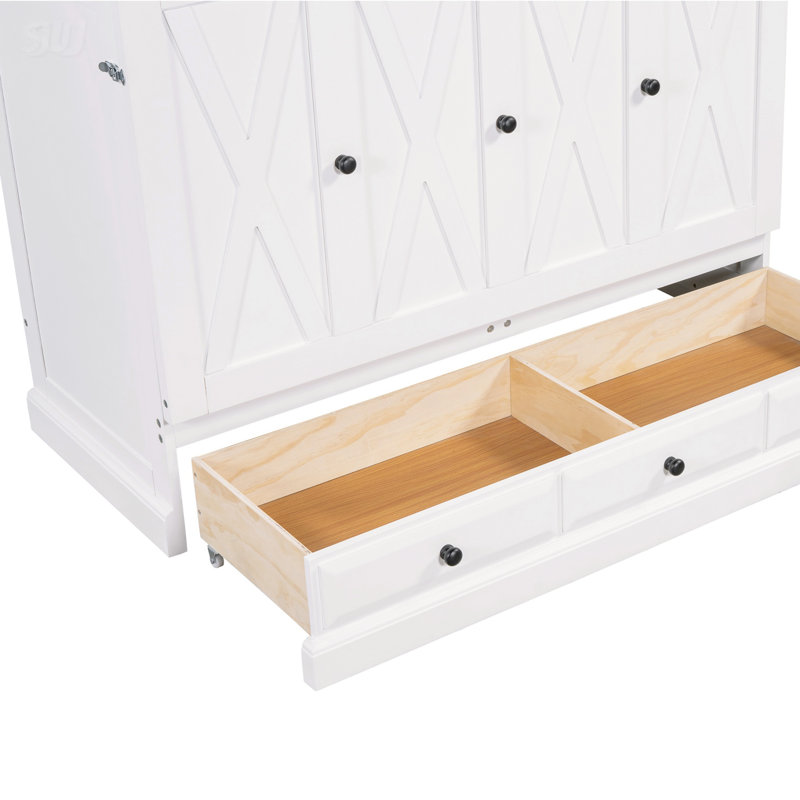 Armoire-lit en bois de pin massif massif avec station de charge et grand tiroir de rangement, Blanc, Grand lit