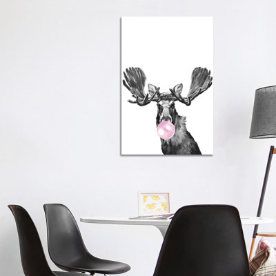 Bubble Gum Moose Black and White 1 Piece Wrapped Canvas Wall Art