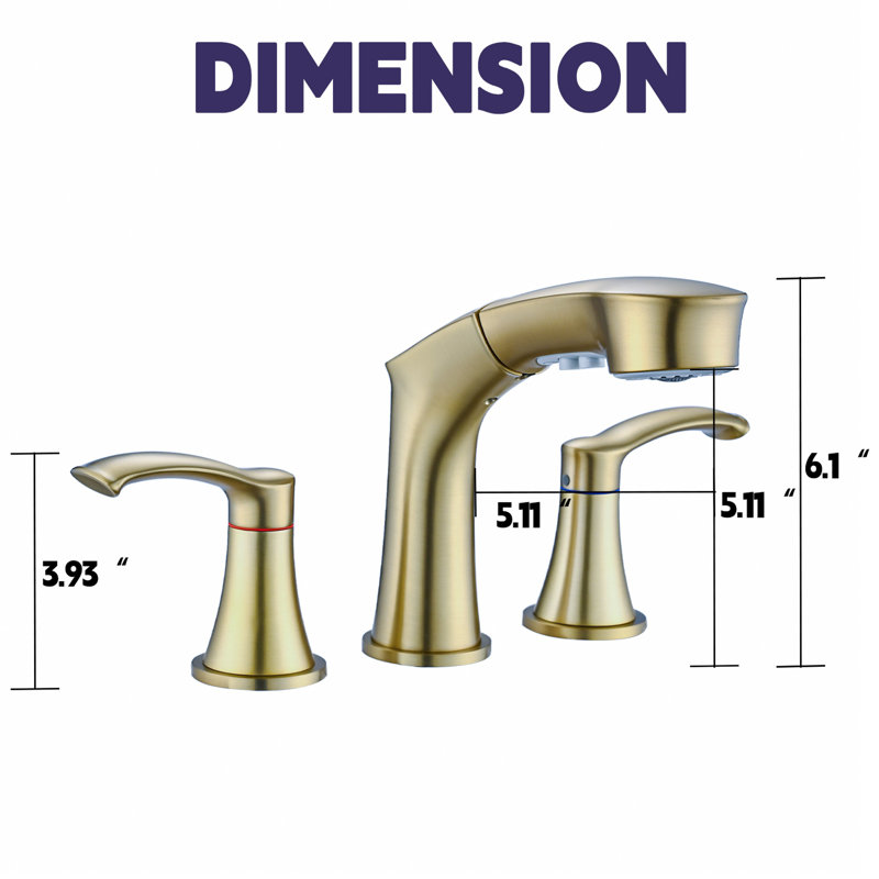 Stainless Steel Bathroom Sink Tap - 2, Widespread, Brushed Gold, Detachable Aerator For Hygiene Maintenance 2 Gold Faucet Steel, Pull-Out Spray Head,