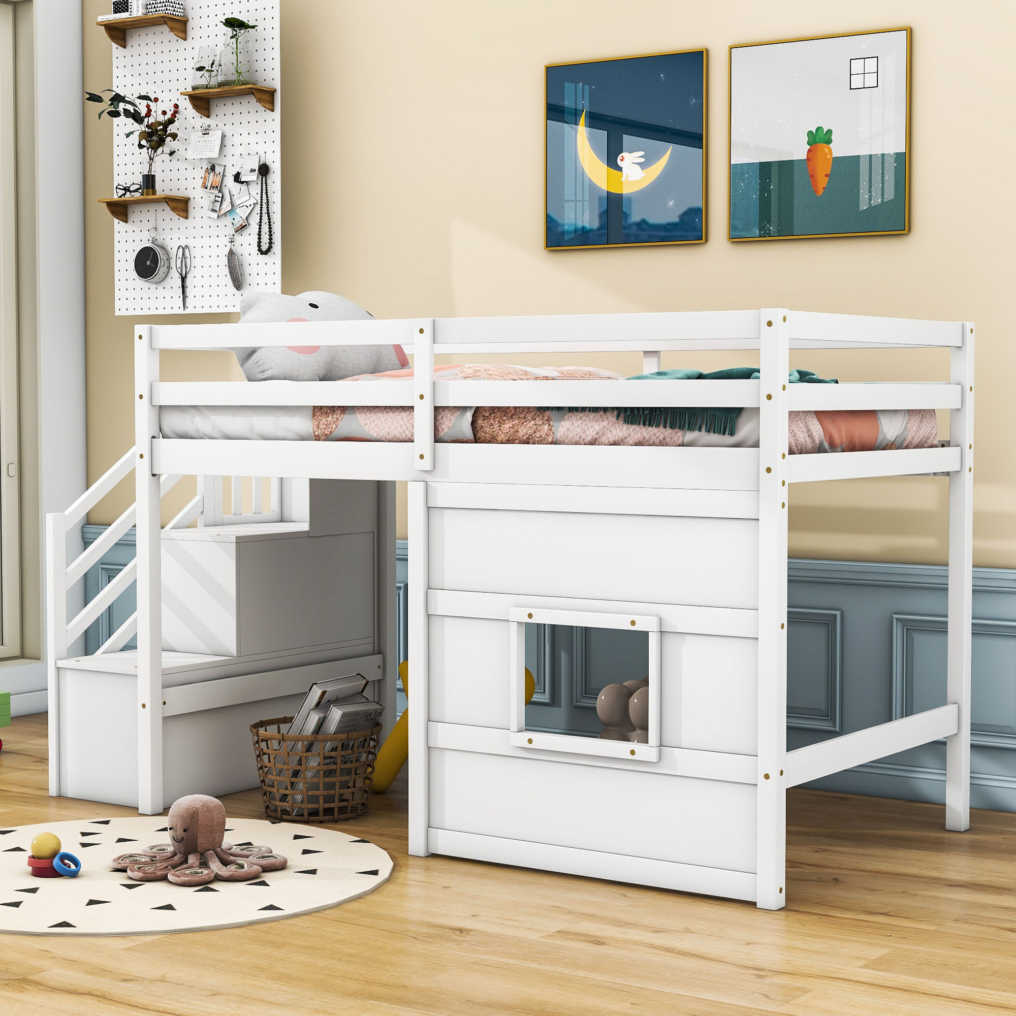 Harriet Bee Jahshawn Twin Wood Loft Bed with Storage Staircase and ...