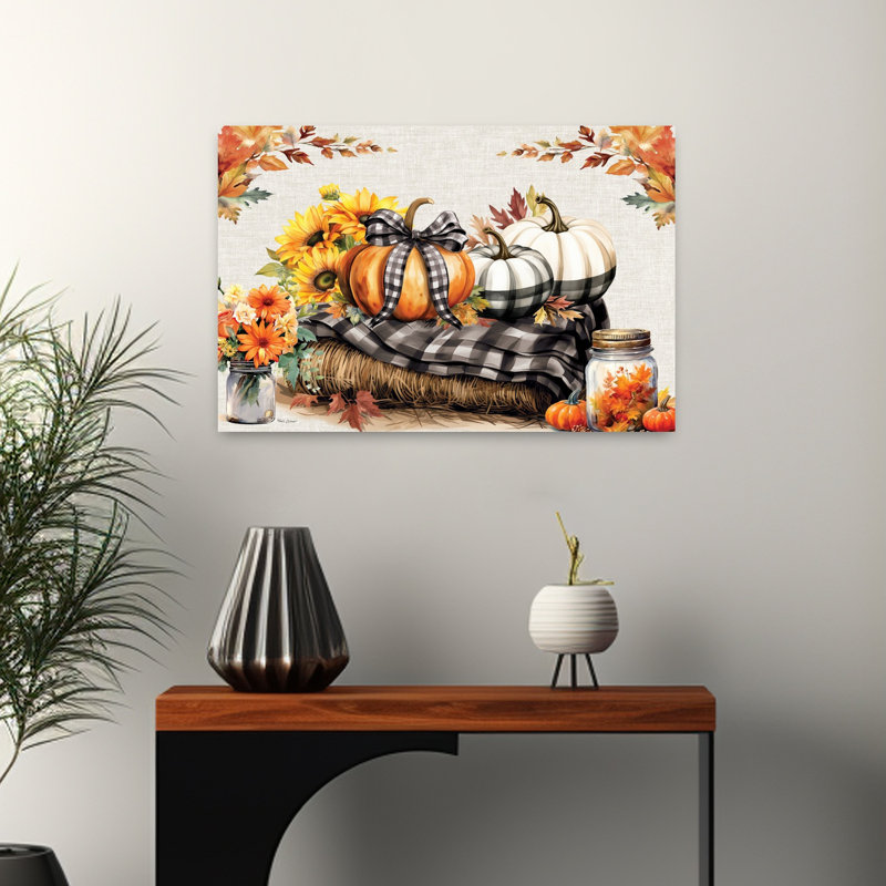 Automne, citrouilles écossaises sur fond de fleurs de tournesol contemporain abstrait, H 16 po x l 24 po