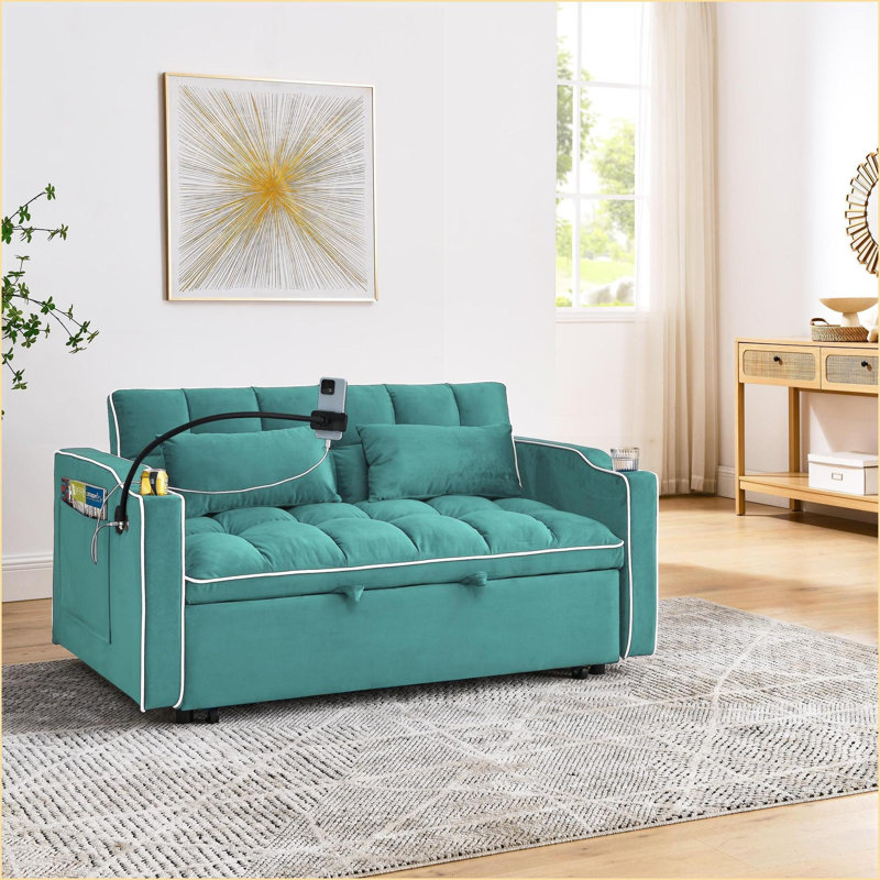 Canapés: canapé-lit pliable moderne en velours de 56 pouces avec dossier réglable, USB et amp; Support pour téléphone | Vert sauge | Bois massif