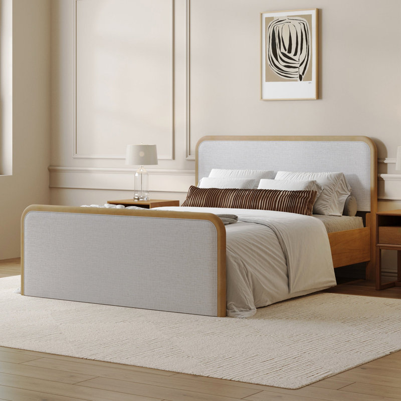 Wood Queen Size Platform Bed with Gray Fabric Headboard and Footboard, Gray Fabric, Queen