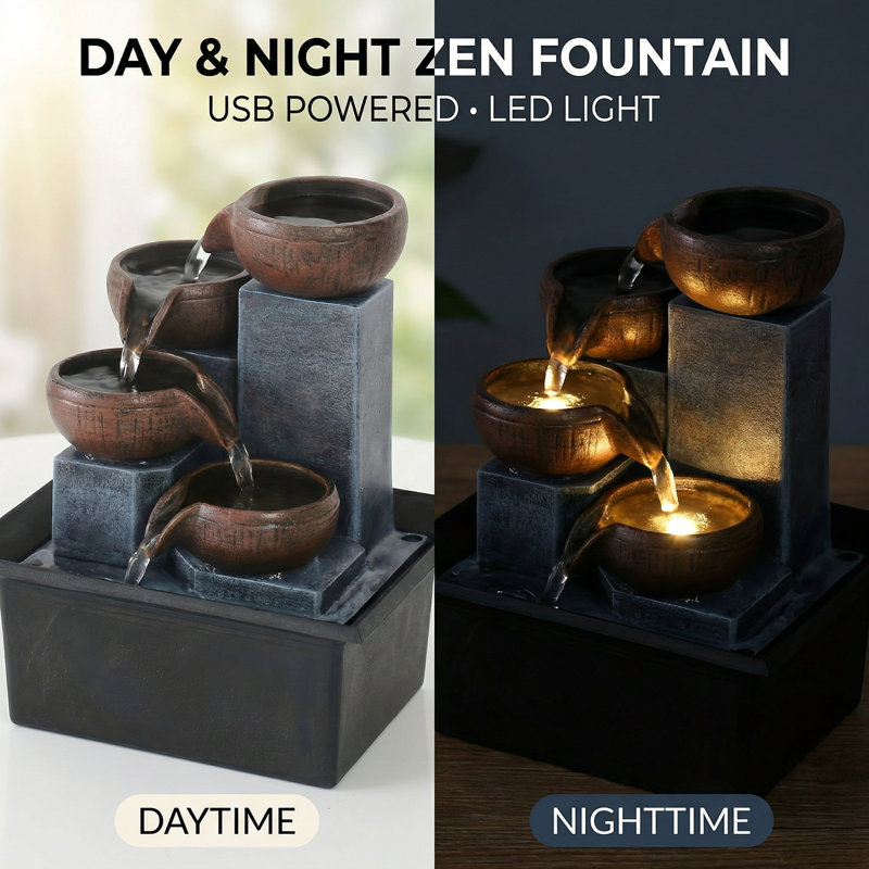 Four level desktop fountain with LED light, Blue/Brown