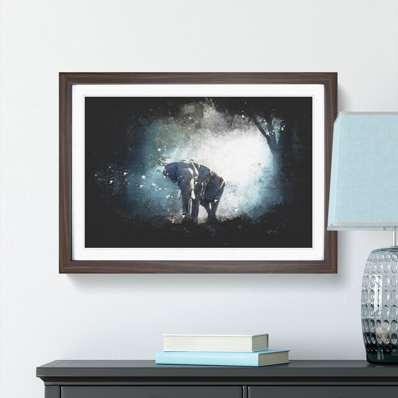Elephant Roaming In A Green Forest Paint Splash - Picture Frame Graphic Art, 45cm H x 63cm W x 2cm D, Walnut Framed