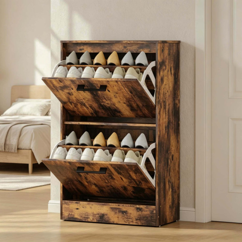 Armoire à chaussures 2 tiroirs rabattables avec diviseurs réglables, Brun rustique