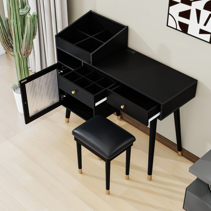 Makeup Vanity Desk with Drawers, Adjustable Shelves, Charging Port and Cushioned Stool, Black
