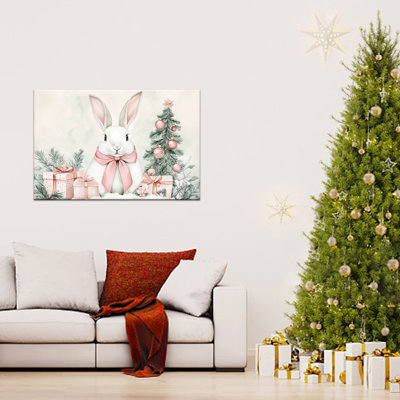 Grand Abiel Decor - Lapin blanc avec un arc rose, scène d'hiver, impressions sur toile, arbre de Noël, affiche, art des Fêtes pour le salon, la cuisine de la chambre à coucher, 36 po x 48 po