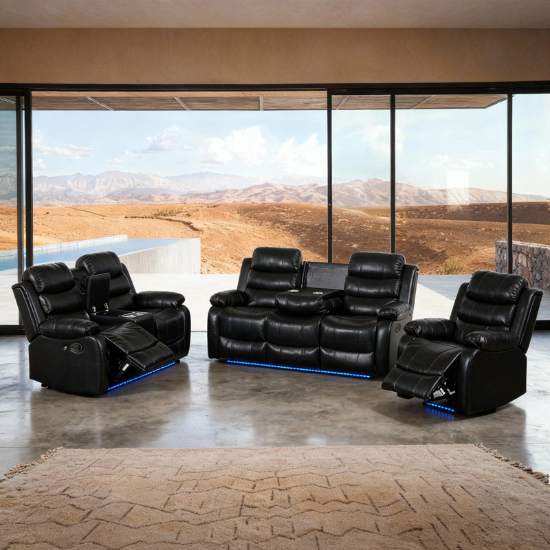 Ensemble de salon 3 pièces inclinable en faux cuir avec porte-gobelet, DEL et console, Noir