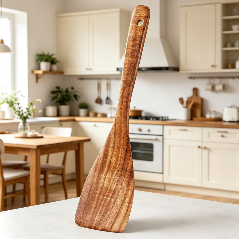 Ensemble 7 pièces d'ustensiles en bois de teck naturel pour la cuisson - cuillères anti-égratignures, spatule et louche pour batterie de cuisine antiadhésive, résistant à la chaleur avec prise confortable, ustensiles de cuisine faciles à nettoyer