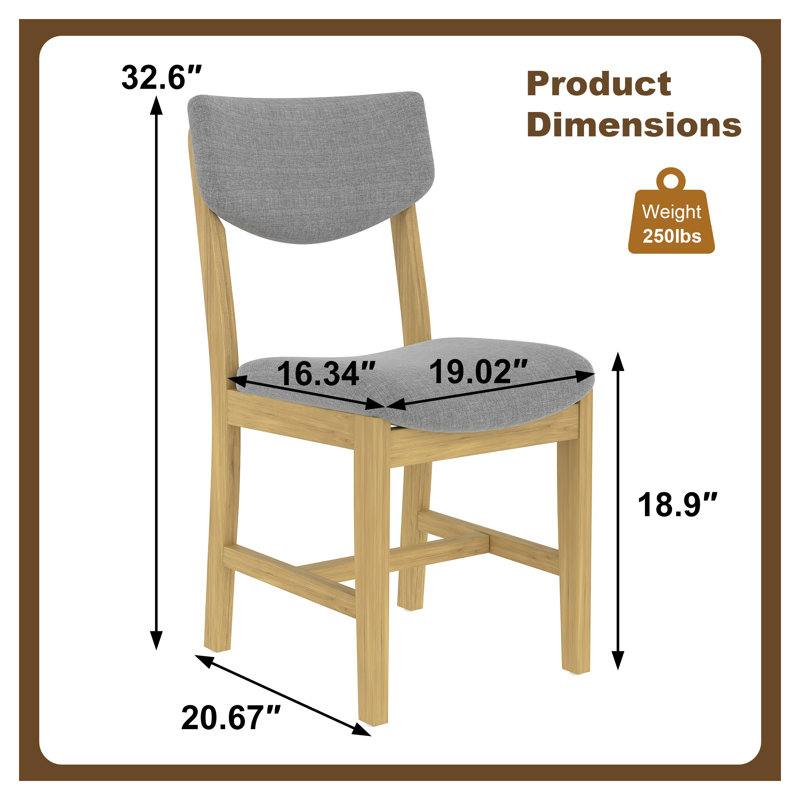 Ensemble de chaises de salle à manger rustique 4 pièces - Structure en bois d'hévéa massif avec coussin rembourré en tissu gris, chaises d'appoint ergonomiques pour cuisine, salle à manger, salon, finition naturelle