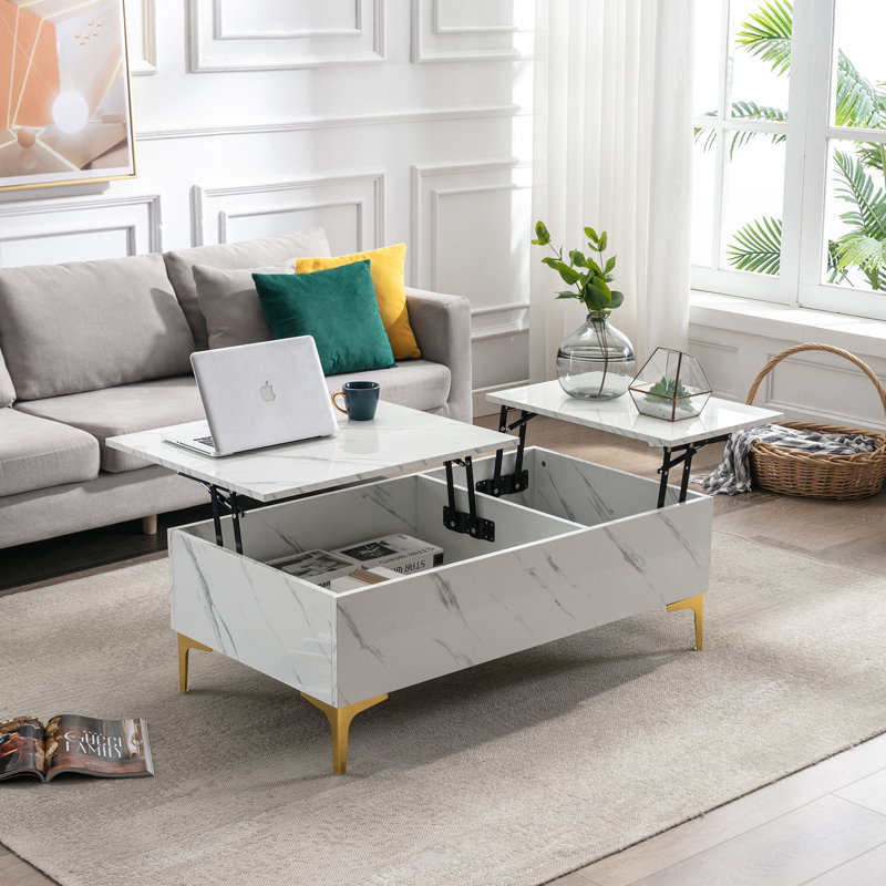 Table basse à plateau relevable avec rangement Dekeyzer, Blanc, Or