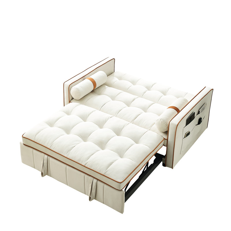Lit gigogne escamotable de 55,5 po, 2 places avec poches latérales, coussins réglables et lombaires pour appartement, bureau, salon, canapé-lit en velours beige, coussins, thème de bureau
