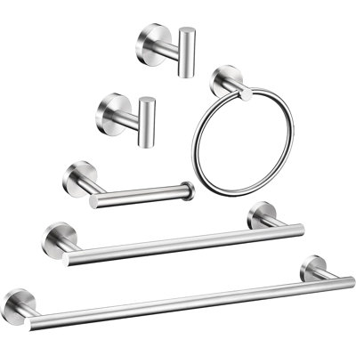 6 Pieces Brushed Nickel Bathroom Hardware Accessories Set Hand Towel Ring 16&23.6 Inch Round Towel Bar Silver Toilet Paper Holder Towel Hooks 2 Pieces SUS 304 Stainless Steel,Heavy Duty,Wall Mounted