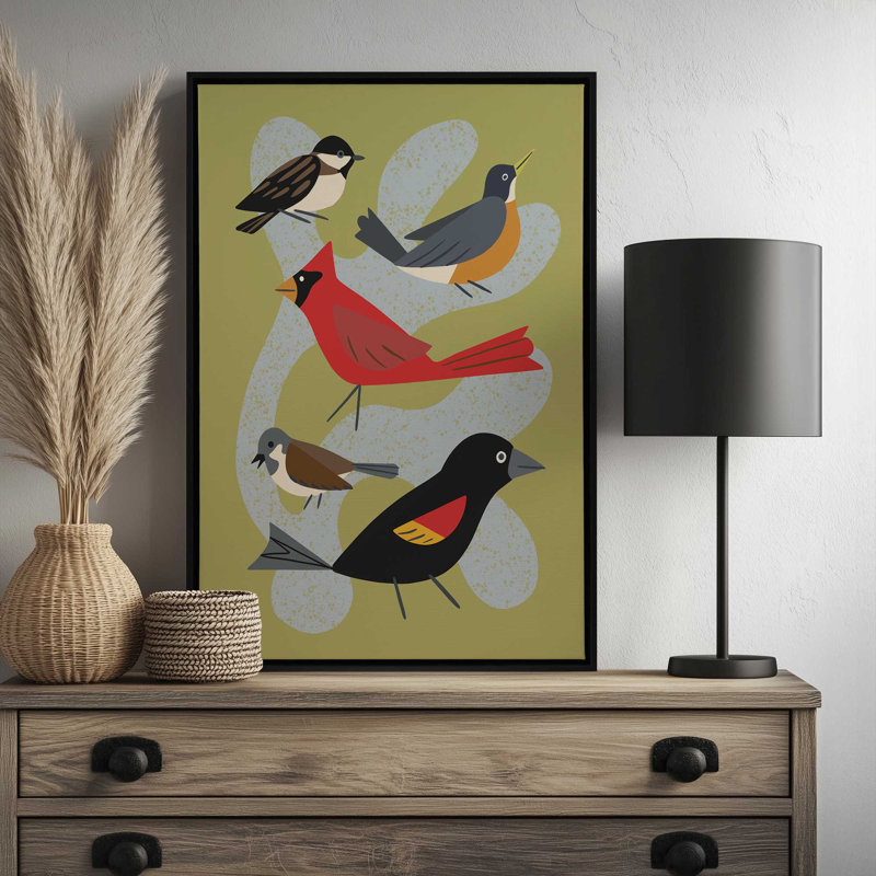 Cinq oiseaux par Renea L Thull, reproduction d'art, Floater Frame, 24" H x 18" W, White