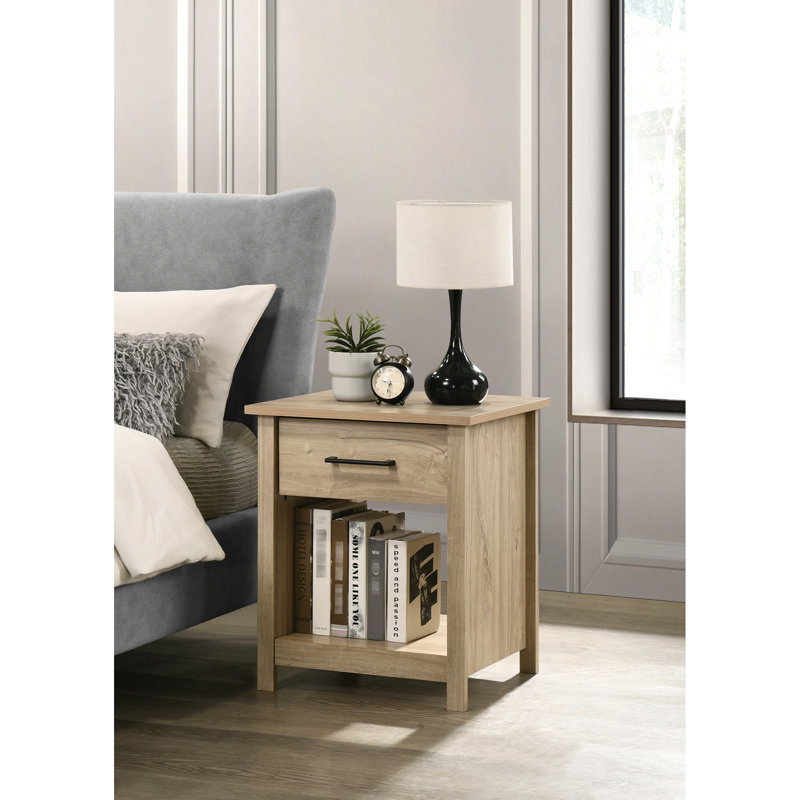 Table de chevet 1 tiroir en chêne de 20 pouces avec poignées en métal noir et tablette inférieure ouverte pour réveils-matin, composition en panneau de particules, articles de décoration d'une capacité maximale de 35 lb,