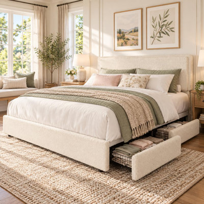 Full Upholstered Platform Bed with 2 Storage Drawers, Sherpa Fleece Bed Frame with Adjustable Headboard and Wood Slat