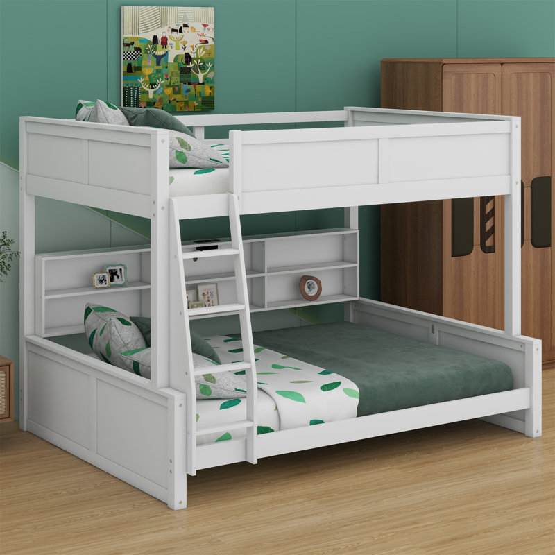 Bunk Bed With Storage Cabinets And USB Ports, Antique White, Full XL over Queen