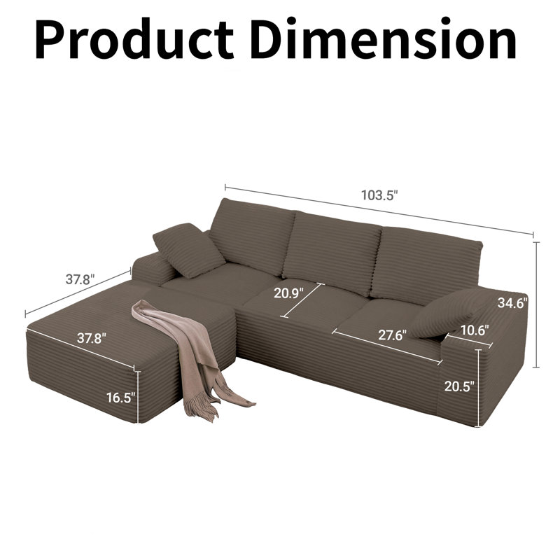 Boneless 103.5" Cloud Sectional Boneless Sofa Modern L Shaped Corduroy Modular Compression Couch With Ottoman, No Assembly Required