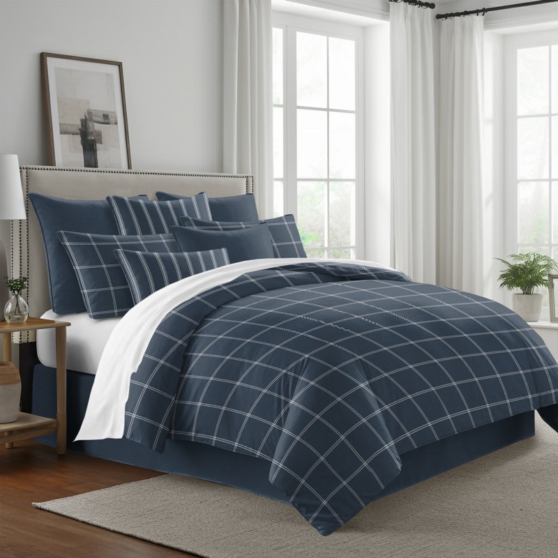 Shay Window Pane Dark Denim Cotton Duvet Cover Set  8 Piece, Super King Duvet Cover + 7 Additional Pieces