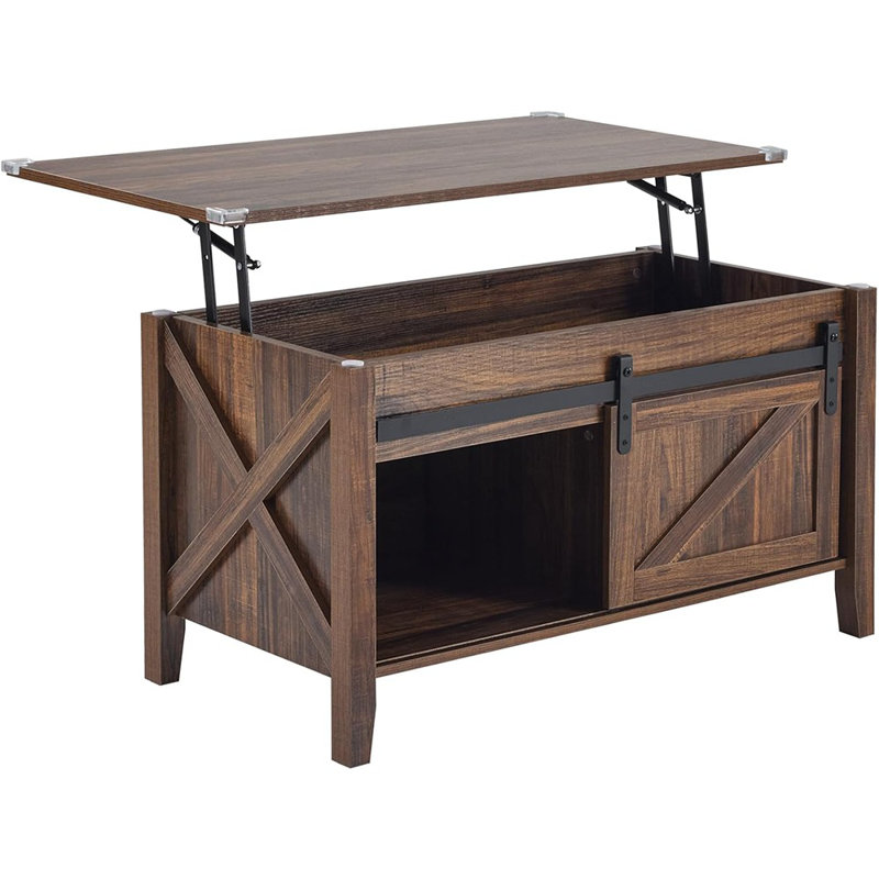 Table basse à plateau relevable, gris rustique avec tablette de rangement et compartiment caché, Mesa De Centro Para Sala