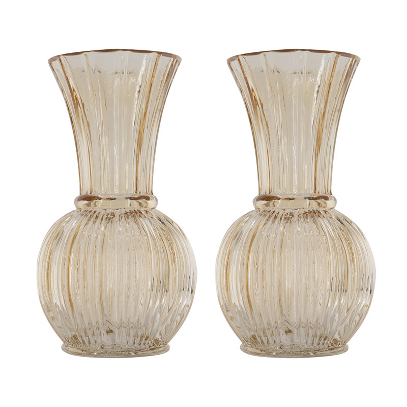 Ensemble de 2 vases décoratifs en verre ambré l 5,1 po x H 9,4 po avec texture nervurée et col évasé, 5.1"x9.4"