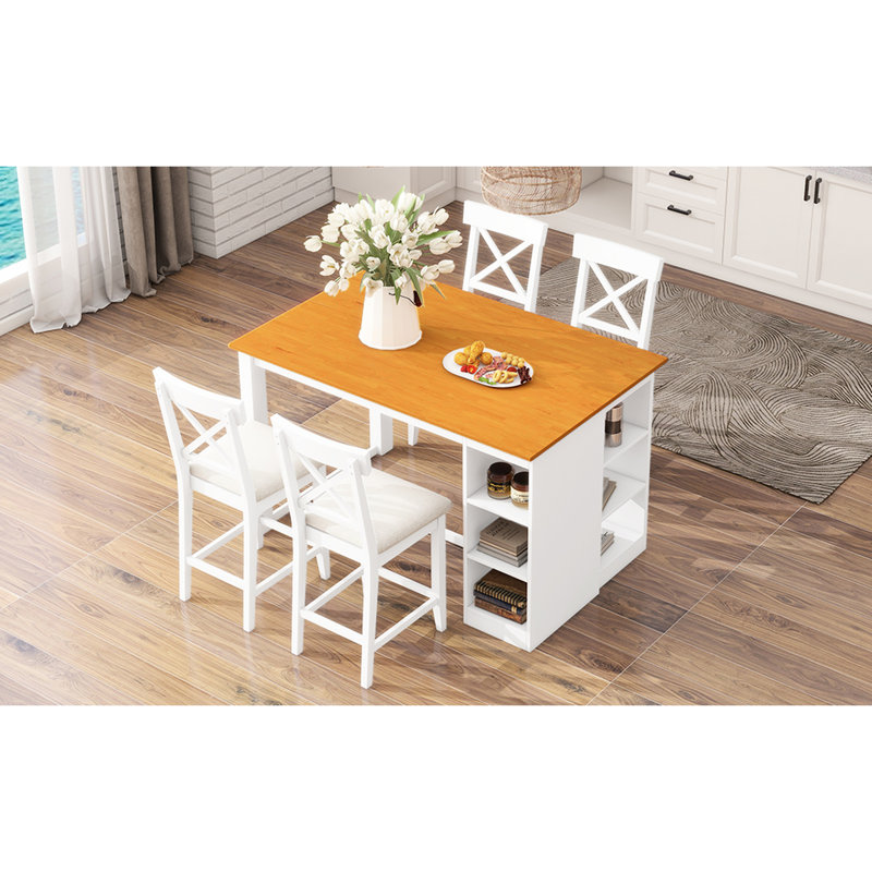 Table de salle à manger en bois massif avec 3 rangements, table à hauteur de comptoir et chaises confortables à dossier en croix