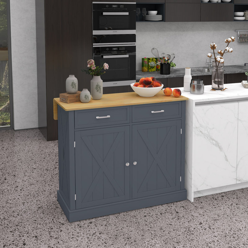Îlot de cuisine roulant avec barre de petit-déjeuner en bois à abattants, chariot de cuisine de ferme avec 2 tiroirs, tablettes réglables pour la salle à manger