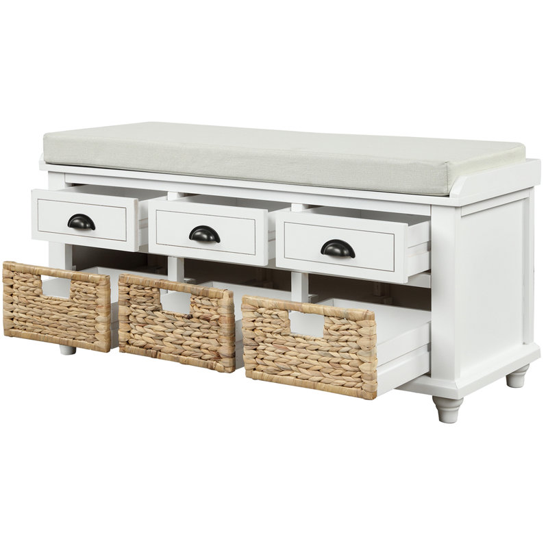 Banc de rangement rustique avec 3 tiroirs et 3 paniers en rotin, banc à chaussures pour le salon, entrée (blanc), Blanc