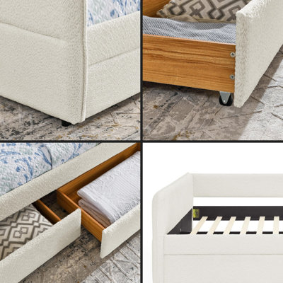 Bouclé Upholstered Queen Daybed with Pull-Out 2 Storage Drawers, Beige