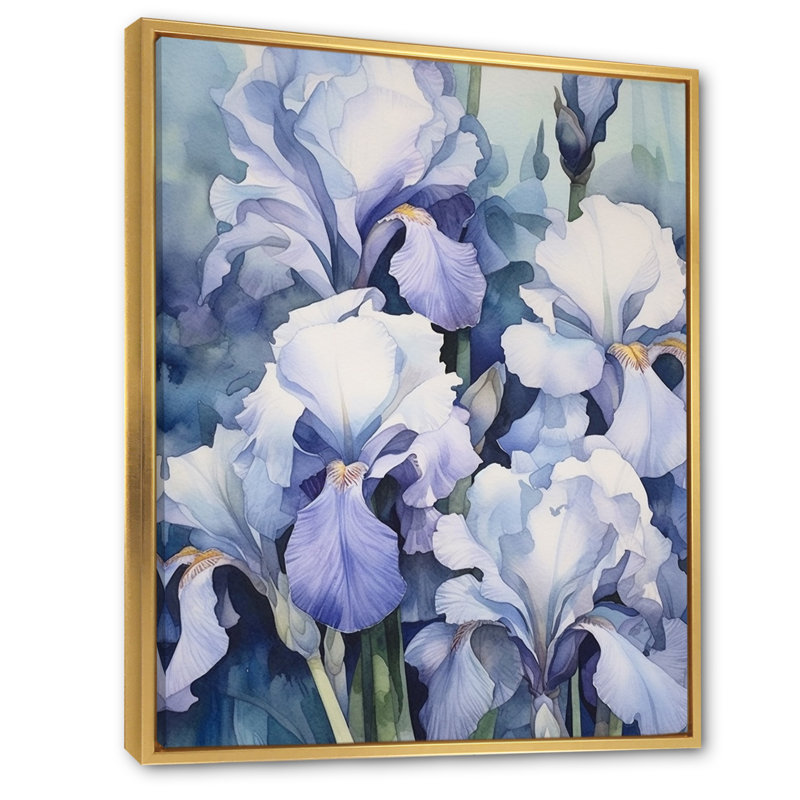 Pétales d'iris blancs et mauves sur toile, Cadre flottant doré, H 32 po x l 16 po x P 1 po