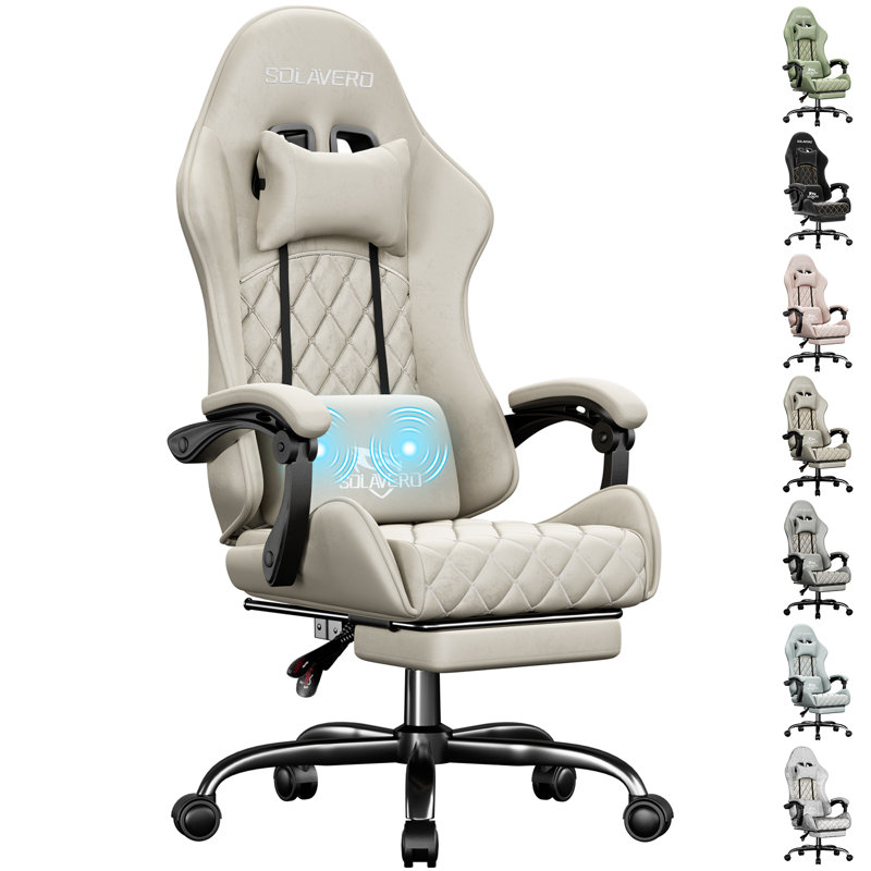 Gaming Chair, High Back Fabric Computer Chair with Pocketed Spring Cushion and Footrest, Height Adjustable Game Chair with Headrest and Massage Lumbar Support, Ergonomic Office Chair for Adults, Beige