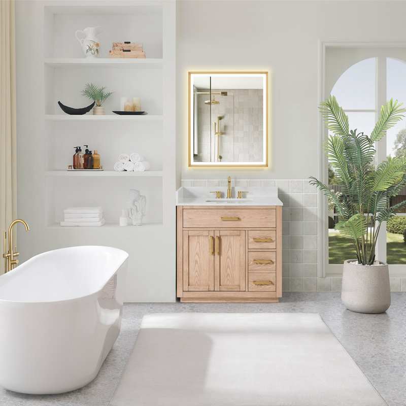 Ensemble de meuble-lavabo simple 36 po en frêne naturel avec miroir Gavino