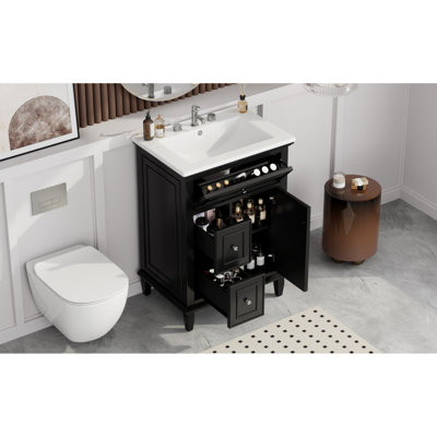 Space-saving Black Bathroom Vanity With Sink, Solid Wood & Mdf, Modern Style