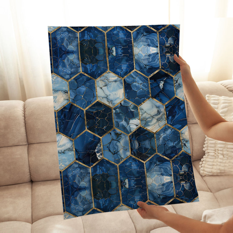 Motif hexagonal abstrait géométrique abstrait bleu, impression d'art moderne sans cadre
