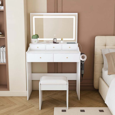 Makeup Vanity Set with Power Outlet and Hair dryer holder, 5 Drawers , 3 Lighting Color Adjustable Dressing Table by Brayden Studio