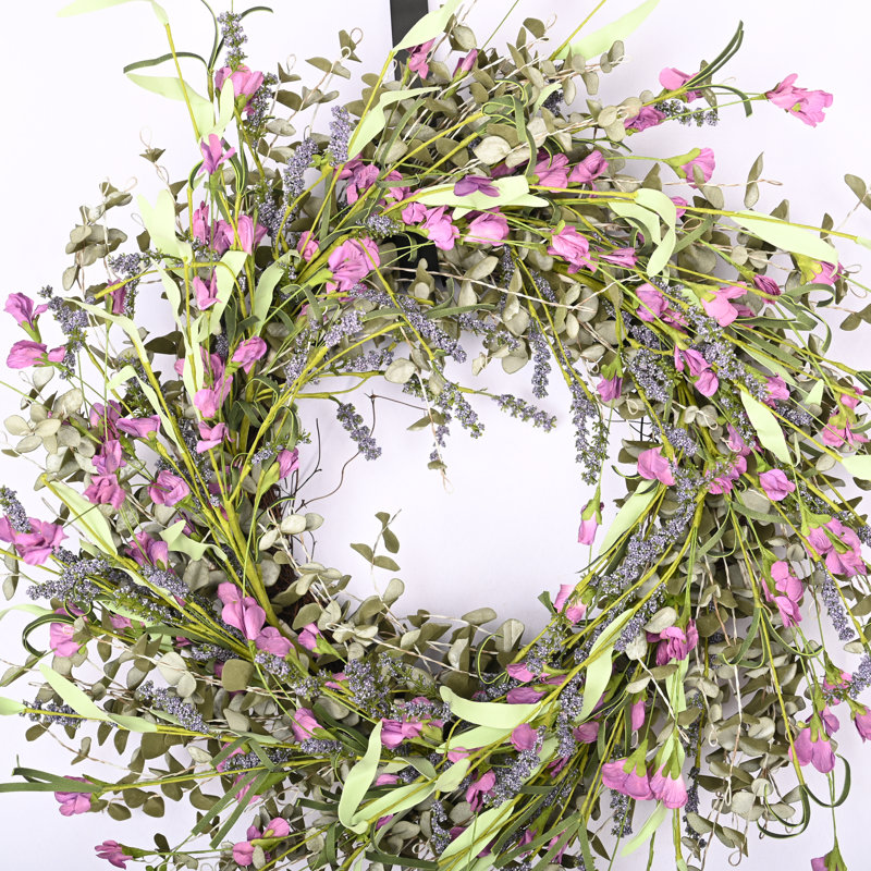 26" Spring Summer Mini Eucalyptus Front Door Wreath, Green/Purple