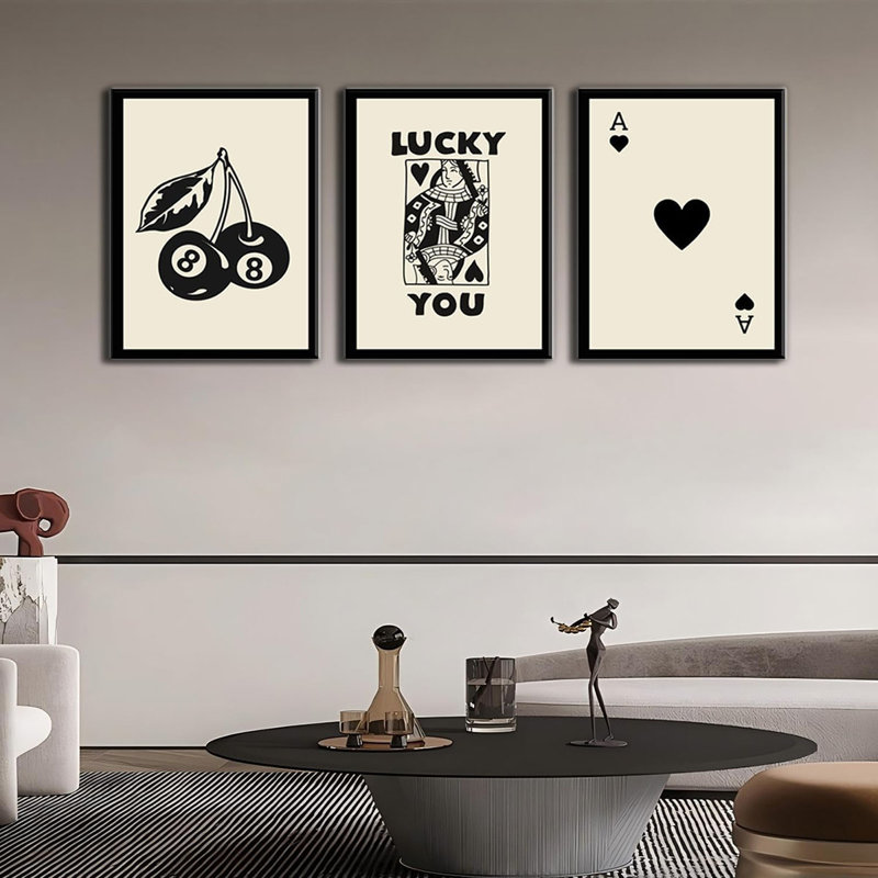 Trendy Retro Poker Wall Art Set of 3 - Lucky You Canvas Print Posters Fun Black Wall Decor for Apartment Dormitory Bathroom Dining Room Bedroom Home Office Bar 16×24 inch Framed