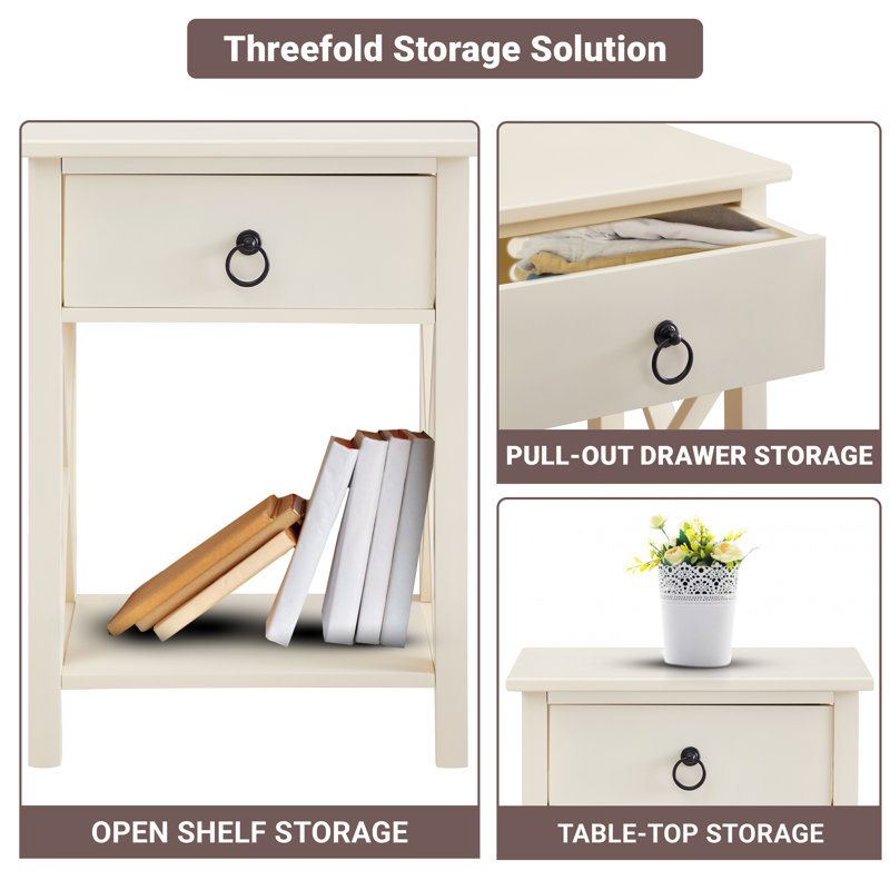 Cream Solid Wood Nightstand with Drawer and Shelf