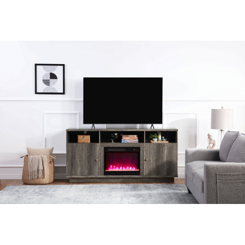 Ambrose 70"W Gray Walnut Finish Fireplace Tv Stand Console With Heater, Led Light, Cabinets, Shelves, Gray